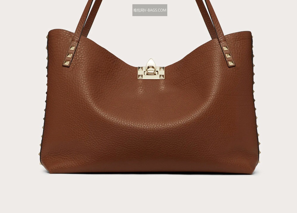 Valentino Garavani Rockstud Tote Bag in Brown Grainy Calfskin